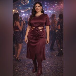 Curvy Girl by Ashley Stewart Burgundy Cut-Out Waist Two-Slit Maxi Dress -Size 2X